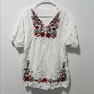 Pink and Green Embroidered Puff Sleeve Blouse